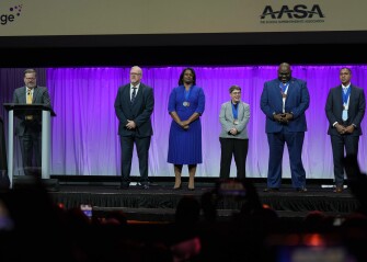 The finalists for the Superintendent of the Year stand on stage at AASA NCE in Nashville, Tenn. on Feb. 12, 2026.