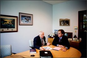 Entrepreneur Fred Bramante, left, meets in Concord, N.H., with Tom Raffio, the current chairman of the state board of education. Mr. Bramante recently launched the 10,000 Mentors initiative to help bring real-world learning opportunities to students statewide that would translate into high school credit.