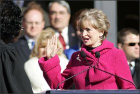 North Carolina Superintendent of Public Instruction June Atkinson, right, is sworn into office by state Supreme Court Justice Patricia Timmons Goodson during inaugural ceremonies on Jan. 10 in Raleigh.