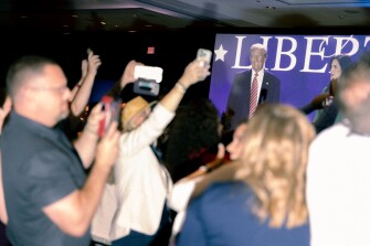 Former President Donald J. Trump and Moms for Liberty co-founder Tiffany Justice greet the audience at the annual Mom’s For Liberty Summit in Washington, D.C., on Friday, August 30, 2024. He was the final keynote speaker of the day.