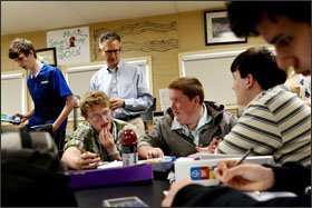 Ben Owens, a teacher at Tri-County Early College High School teaches an Honors Physics class to juniors on April 17. Owens has been teaching at the school the past seven years. Previously, he was an engineer with DuPont. Students Khyree Oneal, 17, Michael Reynolds, 16, far left, Ryan Matteson, 17, Zach Dyer, 17, and Samuel Davidson, 17, work on solving a problem.