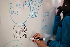 Fourth graders at Oakton Elementary School in Evanston, Ill., write words describing their feelings during a class taught by teacher Perry Hollins. —Alyssa Schukar for Education Week