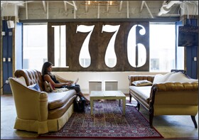 Bre DiGiammarino, the education vertical leader at Indiegogo, an education technology company, checks her email after mentoring entrepreneurs at the Washington-based 1776, an organization that supports startups.