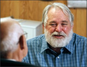 Mr. Kinsella, seen in close-up with Mr. Kline, plans to use the interview in an online course he teaches for the Illinois Virtual School.