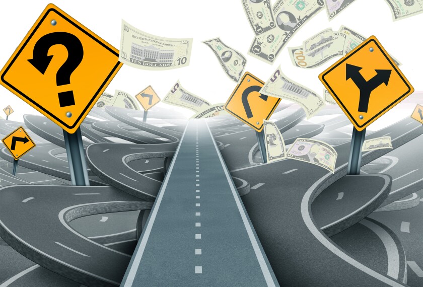 Illustration of many roads and road signs going in different directions with falling money all around.