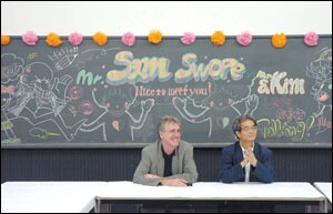 Swope and translator I-kwang Kim visited Motomachi High, which is devoted to peace and art studies. A student there told them, "We can teach children peace by teach them about war."