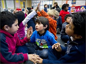 First grade students in Gardner Academy's two-way, dual-language program in San Jose, Calif., take part in a classroom exercise. Even though California's Proposition 227 initiative effectively ended bilingual education in that state more than a decade ago, public dual-language programs are proving to be more politically palatable. The goal at Gardner is for both native English speakers and speakers of a second language to be fully biliterate and bilingual by the time they leave elementary school.