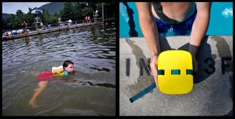 Albert Spalding, 6, swims around the lake during a field trip to Lake Rockmont in 2008. Opposite, Albert's counselor Matt Richmond holds a flotation device. Because Albert doesn't use a paper or picture schedule, his counselors often had to show him objects to communicate the next part of their day.