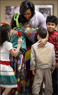 The first lady visits the Latin American Montessori Bilingual Charter School, in Washington.