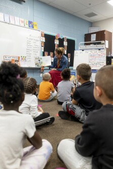 Kindergarten teacher, Heather Dellmuti, reads a book as part of an SEL lesson with her class at the Jefferson PK-8 school in Warren, Ohio, on Nov. 1, 2022.