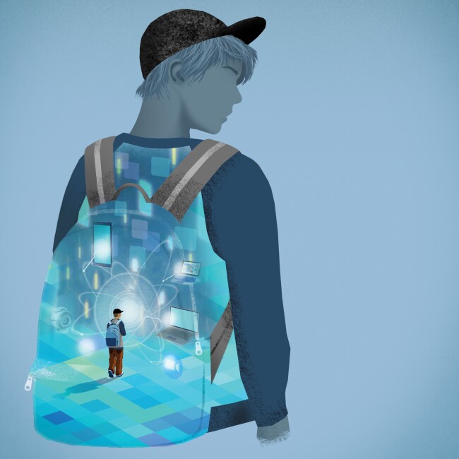 Cover illustration of the back of a boy wearing a backpack and inside the backpack is a futuristic scene of the same boy surrounded by tech devices.