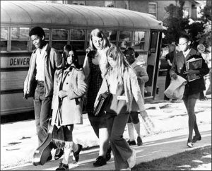 Black and white students at Smiley Junior High School in Denver walk by their school on Sept. 22, 1971. Tensions mounted in that city in the wake of an order requiring some students to be bused for desegregation. A later Supreme Court ruling in the Denver case set several precedents.