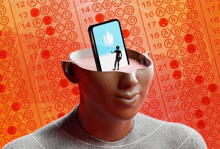 A stylized, faceless student has a smooth, open head with a glowing smartphone rising from it, symbolizing the smart phone and social media's impact on NAEP scores.