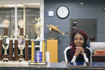 Rochelle works in the main office of Whitney Young. Rochelle spends her lunch as well as a work-study period working in the main office, because she wants to work there next year for her senior experience. Some of her duties include collecting visitor passes and answering phones.