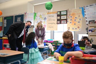 First Lady Jill Biden and Education Secretary Miguel Cardona tour Benjamin Franklin Elementary School, in Meriden, Ct., on March 3, 2021.