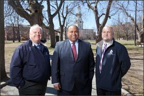 Lawrence Teachers’ Union President Frank McLaughlin, left, Mayor Daniel Rivera, center, and Superintendent Jeffrey Riley have worked together to improve schooling in the city.
