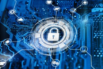 Image shows a glowing futuristic background with lock on digital integrated circuit.