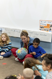 Kindergarten teacher, Heather Dellmuti, speaks with her class during an SEL lesson at the Jefferson PK-8 school in Warren, Ohio, on Nov. 1, 2022.