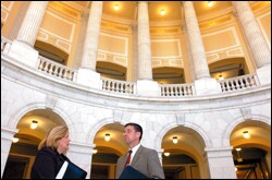 Mississippi state schools chief Hank M. Bounds and top aide Susan Rucker pause in the Cannon House Office Building on Sept. 21. They were in Washington to seek financial help and policy waivers for districts coping with hurricane-related needs.