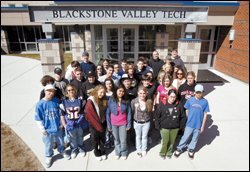 Students gather outside Blackstone Valley Regional Vocational Technical High School, which uses technology to put student data at the center of its improvement efforts.