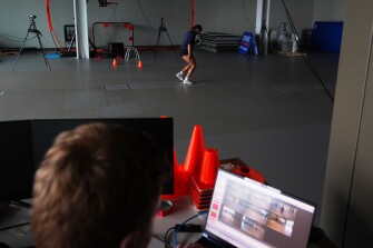 Plano East High School soccer player Sofia Tepichin, top right, has her her movements recorded for analysis by Biomechanics engineer Josh Riesenberg at the Movement Science Laboratory at Scottish Rite for Children in Frisco, Texas, Jan. 22, 2026.