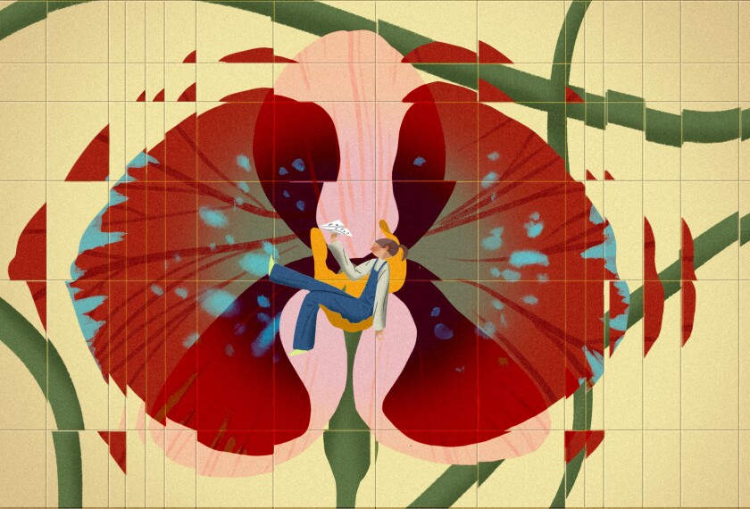 A child contemplates throwing a paper airplane while sitting at the center of a large abstract flower resembling a brain.