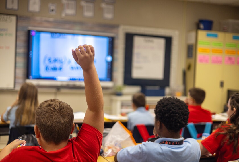 Students attend a 5th grade math class at Lafargue Elementary School in Effie, Louisiana, on Friday, August 22. The state has implemented new professional development requirements for math teachers in grades 4-8 to help improve student achievement and address learning gaps.