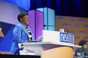 NEA President Becky Pringle speaks on the second day of the 2021 NEA Convention in Denver.