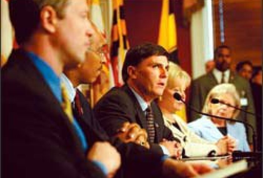 Pictured from left to right are Baltimore Mayor Martin O'Malley, Lt. Gov. Michael Steele, Gov. Robert L. Ehrlich Jr., state schools chief Nancy S. Grasmick, and Baltimore district chief Bonnie Copeland. Address.