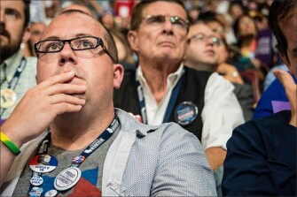 A delegate reacts during a speech about gun violence, during the third night of the Democratic National Convention.