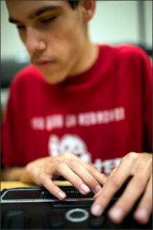 Jamie LeDuc, 15, uses a Braille note-taking device in computer class at Perkins School for the Blind in Watertown, Mass. Assistive technology for special education students has been a heated issue in the development of tests linked to the common core.