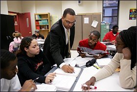 Jeffrey D. Harris, the site administrator of a YABC in Brooklyn, goes over conjunctions with a group of students in an English class in October 2005. His school opened in 1998.
