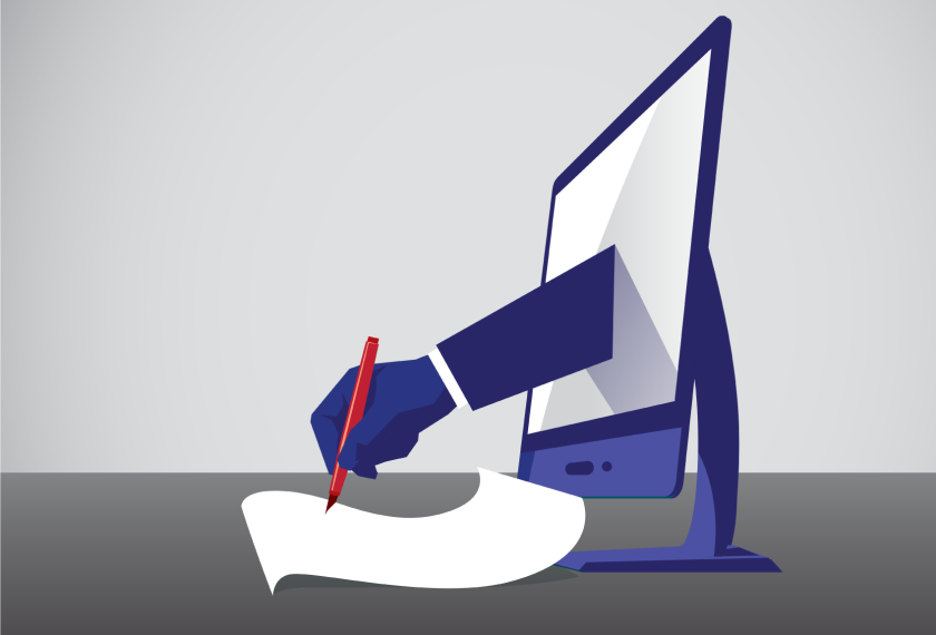 Image shows an illustration of a hand coming through a computer and grading a paper.