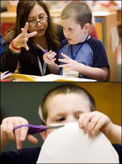 Teacher Yomaira Johnson explains the use of scissors to Jesse Erickson, 4. Head Start programs offer comprehensive services to preschoolers.