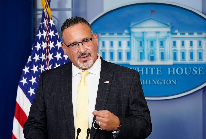 Education Secretary Miguel Cardona speaks during the daily briefing at the White House in Washington on Aug. 5, 2021.