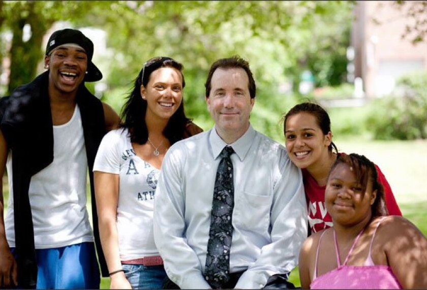 Anthony Mullen with students at the ARCH School, an alternative public high school located in Greenwich, Conn.