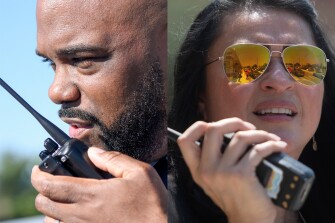 Left, Principal Michael C. Brown talks on a radio at Winters Mill High School in Westminster, Md., on May 17, 2022. Right, Boone Elementary School principal Manuela Haberer directs students and parents in the pick-up line at the conclusion of the school day on May 19, 2022 in San Antonio, Texas.