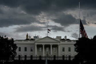 American flags at the White House fly at half-staff after the death of Charlie Kirk, the CEO and co-founder of Turning Point USA, on Sept. 11, 2025, in Washington.