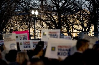 Activists and protesters with the National Center for Transgender Equality rally in front of the White House in February 2017 after the Department of Education and the Justice Department announce plans to overturn school guidance on protecting transgender students.