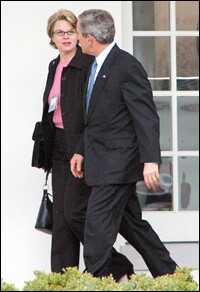 President Bush walks with Margaret Spellings near the Oval Office last week before an education speech.