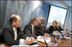 From left, Don Wolfensberger, Rep. Michael N. Castle, R-Del., Rod Paige, Elizabeth Debray, and former Rep. John Brademas weigh the impact of the ESEA at 40.
