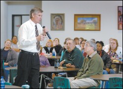 Bill Bond speaks at Lame Deer High School in Montana last month. He travels 40 weeks a year, sharing the story of shootings in West Paducah Ky., and hoping to prevent other such incidents.