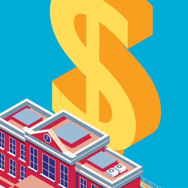 Illustration of school building and dollar symbol