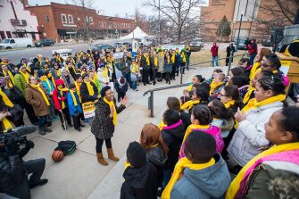 Students from Wallflower Elementary sing on the steps of City Hall in Colorado Springs, Colo., on Jan. 24, , during a rally to mark National School Choice Week.