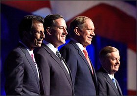 Lower-polling GOP candidates Bobby Jindal, Rick Santorum, George Pataki, and Lindsey Graham line up for their debate earlier that night.