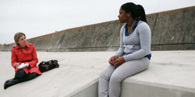 Then-reporter Lesli Maxwell interview Giovanna M. Bastiste, a student at Douglass High School in New Orleans. Maxwell is now the Managing Editor for Education Week.
