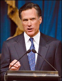 Massachusetts Gov. Mitt Romney gestures during his State of the State Address in Boston on Jan. 13. Though the Republican is seeking more aid for schools in this year's legislative session, he said in his speech that money alone will not close academic- achievement gaps in urban areas.
