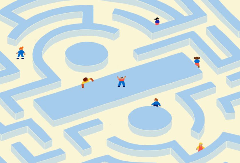 Illustration of children exploring a maze with a division symbol in the center.
