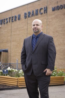 Principal Kambar Khoshaba at Western Branch Middle School in Chesapeake, Va., on Sept. 21, 2021. Khoshaba, who has been principal at the school for eight years, has made big strides in “letting kids express themselves in a socially acceptable way,” he said.