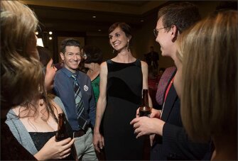 Candidate for Superintendent of Public Instruction, Kathy Hoffman (center) greets supporters during the Arizona Democrats election watch party on Nov. 6 in Phoenix, Ariz.